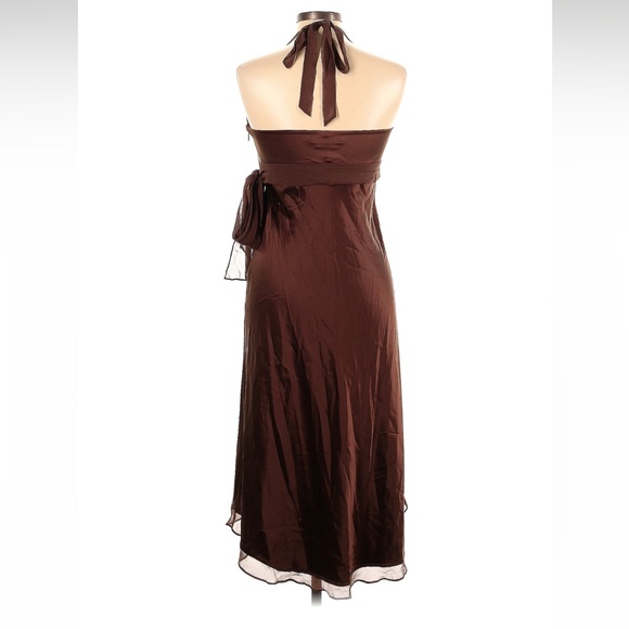 BCBGMAXAZRIA Brown 100% Silk High Low hem Halter Dress Size: 10 petite - Picture 2 of 9
